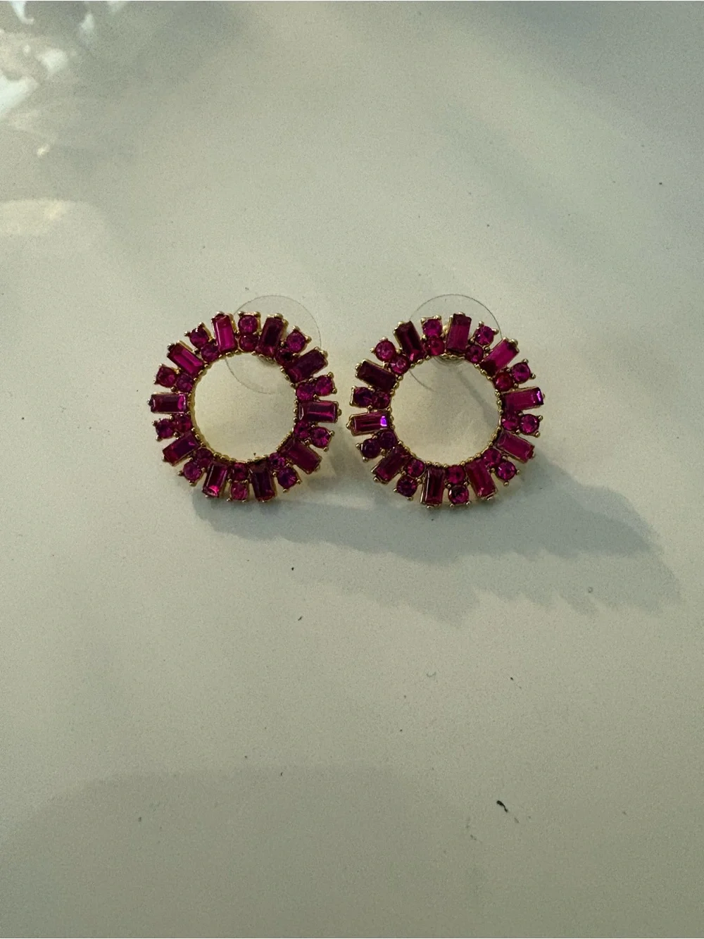 J. Crew Gold-Tone Circle Stud Earrings with Fuchsia Crystals